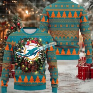 Miami Dolphins Christmas Wreath Ugly Sweater Orange Blue Naughty