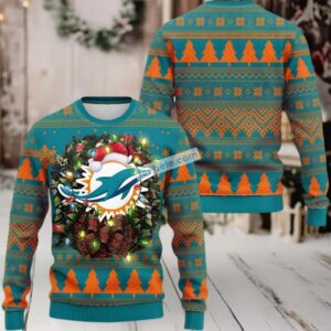 Miami Dolphins Christmas Wreath Ugly Sweater Orange Blue Naughty