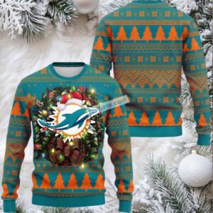 Miami Dolphins Christmas Wreath Ugly Sweater Orange Blue Naughty