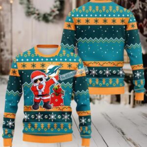 Miami Dolphins Dabbing Santa Claus Ugly Xmas Sweater Womens Blue