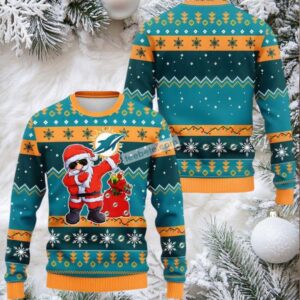 Miami Dolphins Dabbing Santa Claus Ugly Xmas Sweater Womens Blue