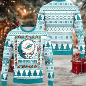 Miami Dolphins Grateful Dead Halloween Ugly Christmas Sweater Ladies Light Blue