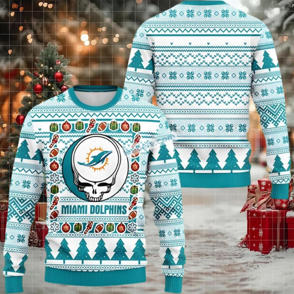 Miami Dolphins Grateful Dead Halloween Ugly Christmas Sweater Ladies Light Blue