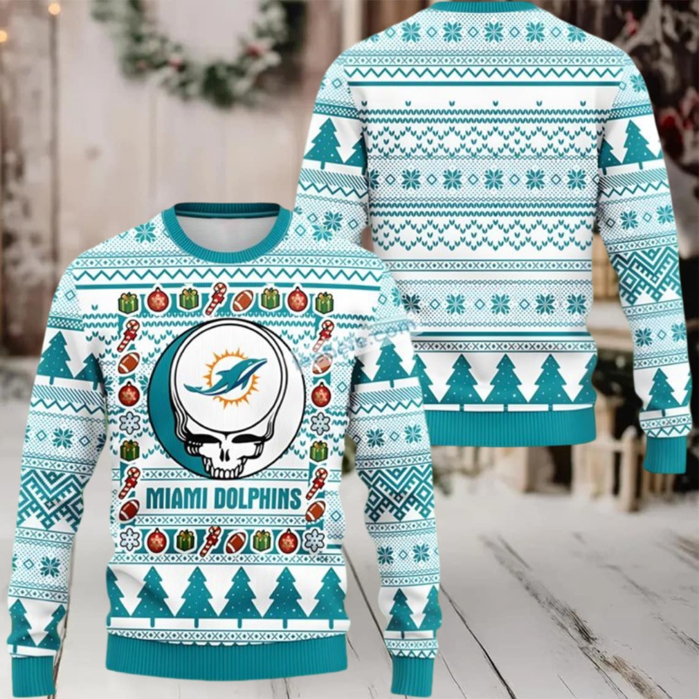 Miami Dolphins Grateful Dead Halloween Ugly Christmas Sweater Ladies Light Blue