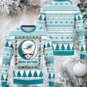 Miami Dolphins Grateful Dead Halloween Ugly Christmas Sweater Ladies Light Blue