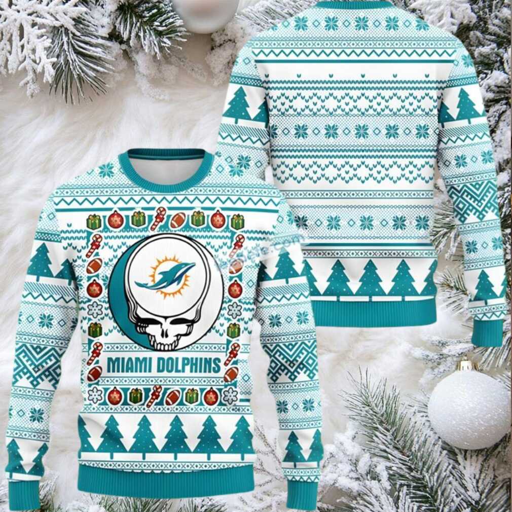 Miami Dolphins Grateful Dead Halloween Ugly Christmas Sweater Ladies Light Blue Miami Dolphins Grateful Dead Halloween Ugly Christmas Sweater Ladies Light Blue