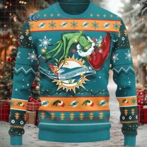 Miami Dolphins Grinch Hand Best Ugly Christmas Sweaters Blue
