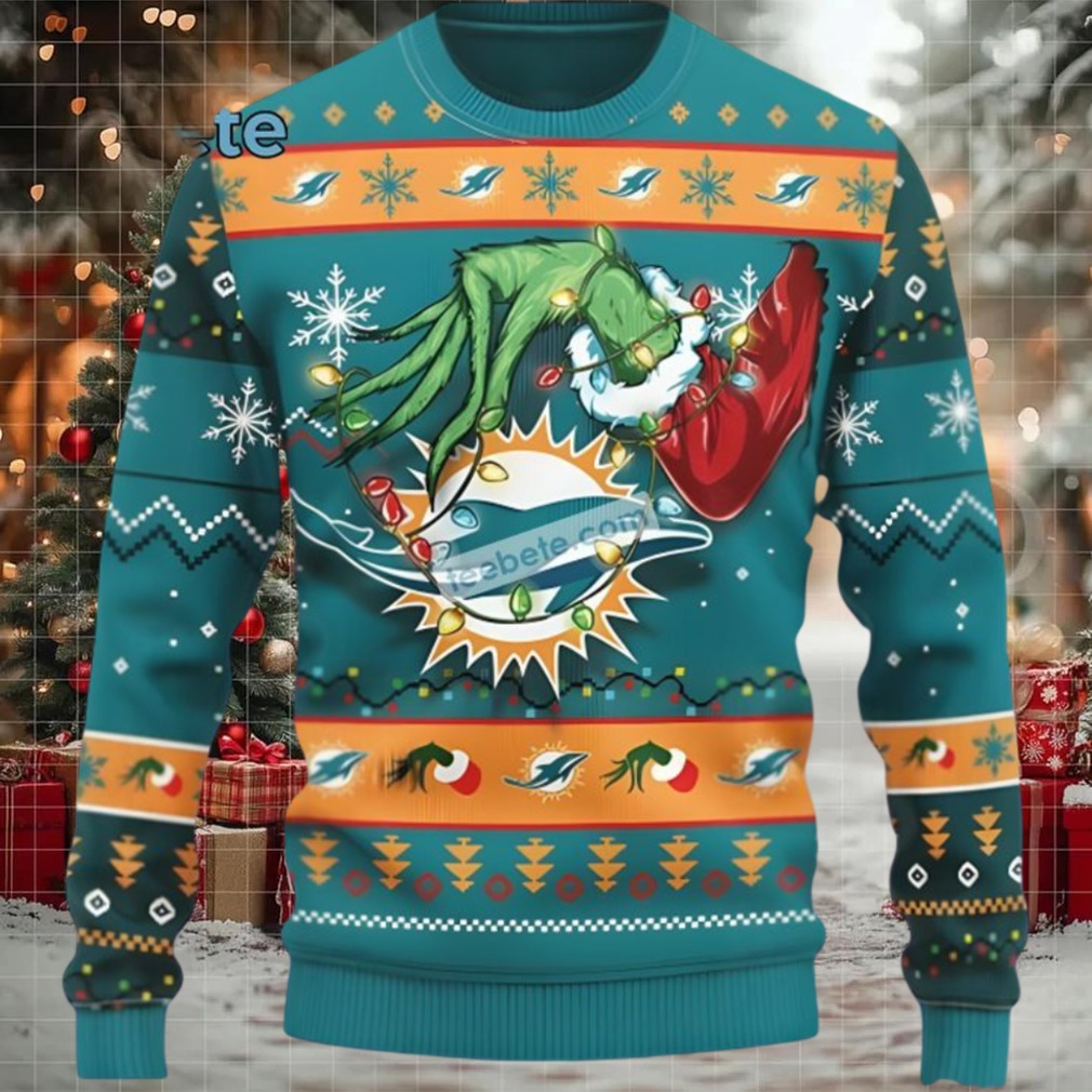 Miami Dolphins Grinch Hand Best Ugly Christmas Sweaters Blue