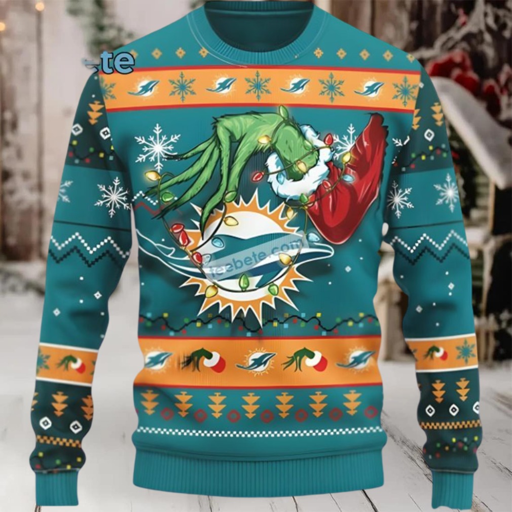 Miami Dolphins Grinch Hand Best Ugly Christmas Sweaters Blue