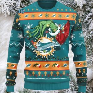 Miami Dolphins Grinch Hand Best Ugly Christmas Sweaters Blue