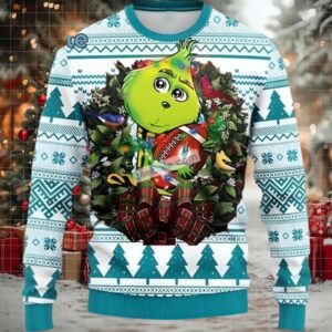 Miami Dolphins Grinch Hug Ugly Xmas Sweater Womens Blue White