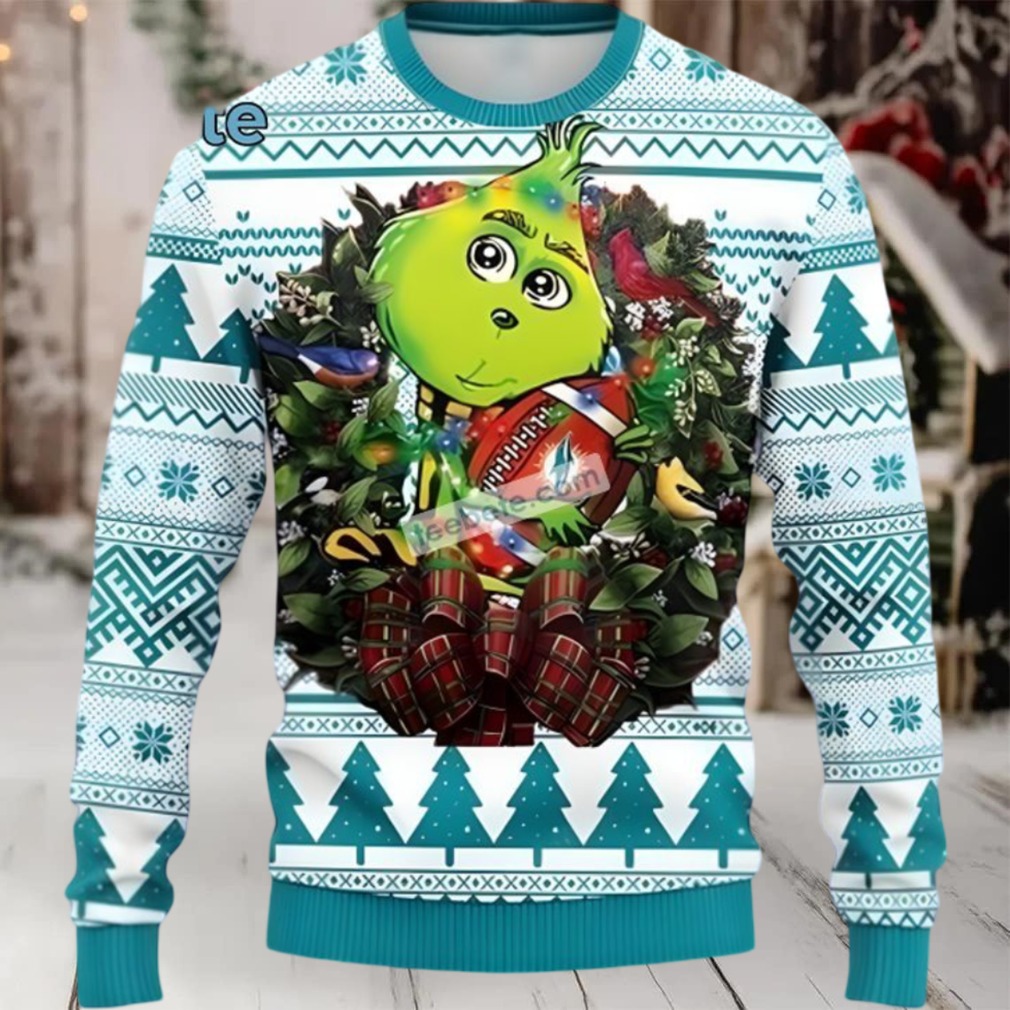 Miami Dolphins Grinch Hug Ugly Xmas Sweater Womens Blue White