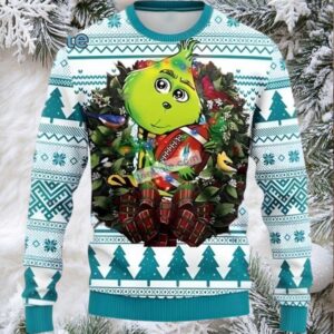 Miami Dolphins Grinch Hug Ugly Xmas Sweater Womens Blue White