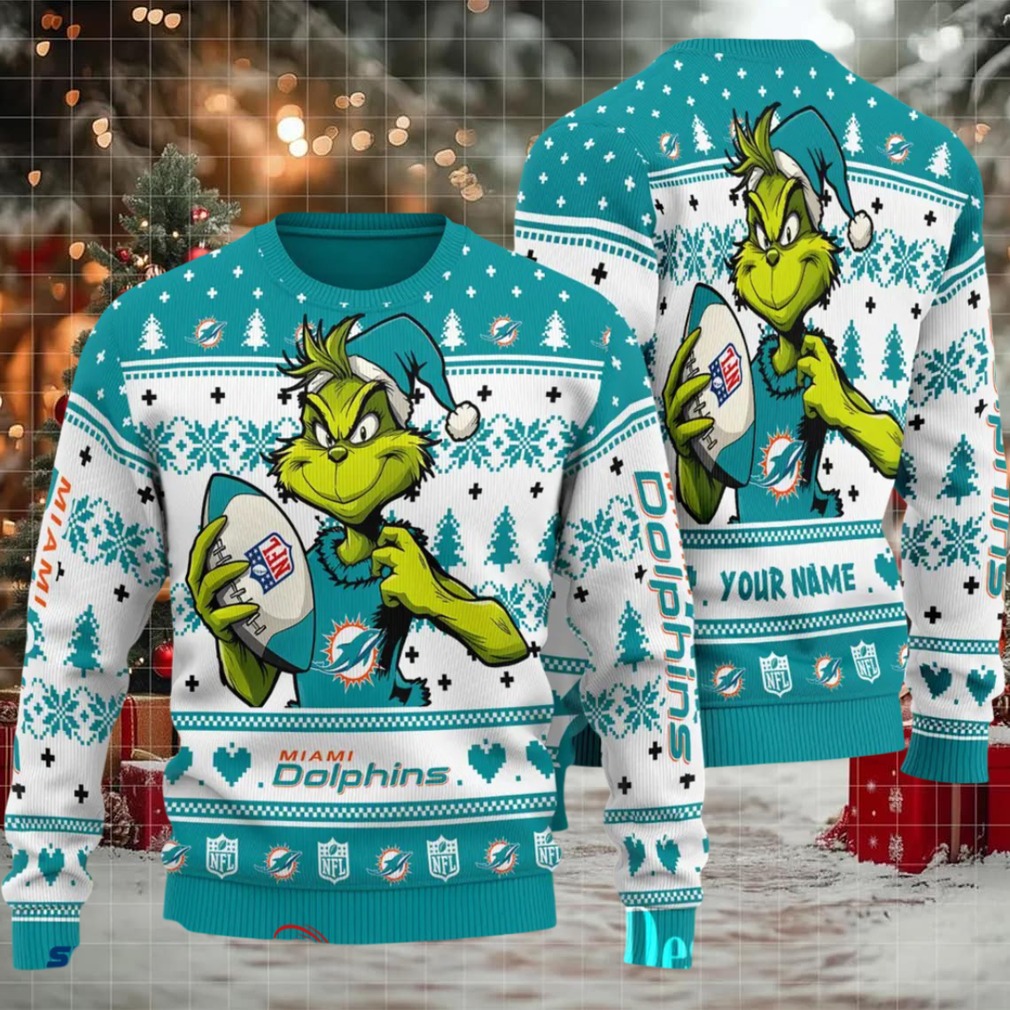 Miami Dolphins Grinch With Ball NFL Ugly Christmas Sweater Miami Dolphins Grinch With Ball NFL Ugly Christmas Sweater