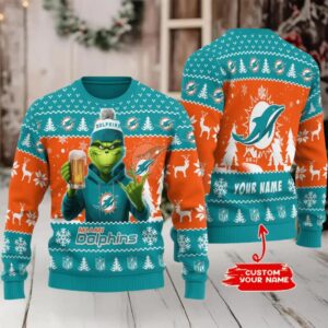 Miami Dolphins Grinch With Beer Ugly Christmas Sweate