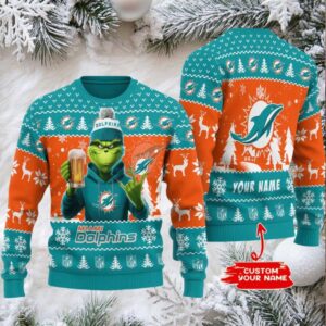 Miami Dolphins Grinch With Beer Ugly Christmas Sweate