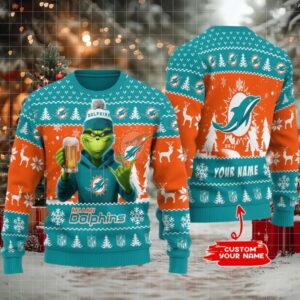 Miami Dolphins Grinch With Beer Ugly Christmas Sweate