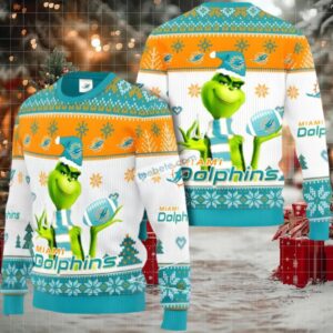Miami Dolphins Grinch Xmas Ugly Christmas Sweater Cute White Green