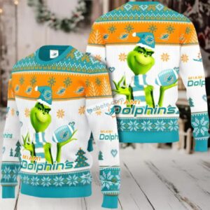 Miami Dolphins Grinch Xmas Ugly Christmas Sweater Cute White Green