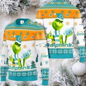 Miami Dolphins Grinch Xmas Ugly Christmas Sweater Cute White Green