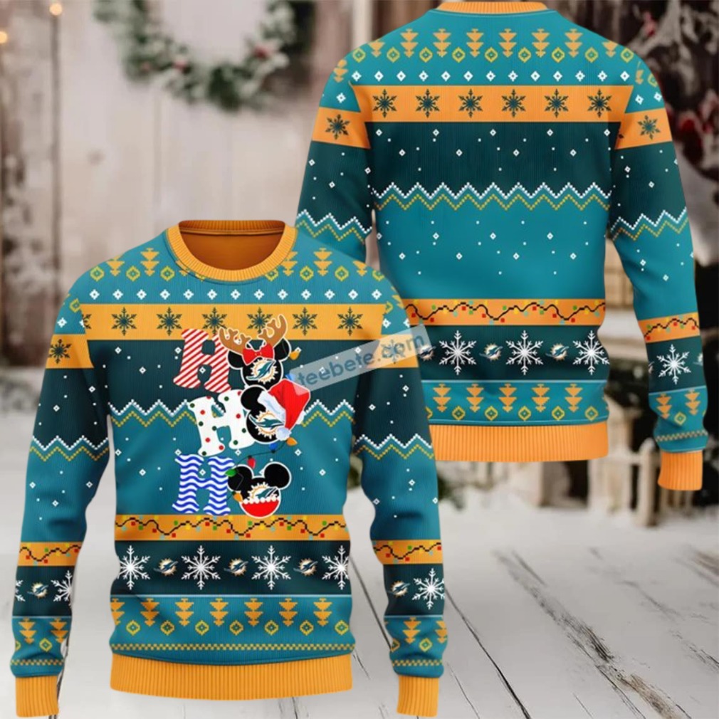 Miami Dolphins Hohoho Mickey Mouse Cute Ugly Christmas Sweater Yellow Blue
