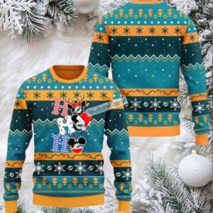 Miami Dolphins Hohoho Mickey Mouse Cute Ugly Christmas Sweater Yellow Blue