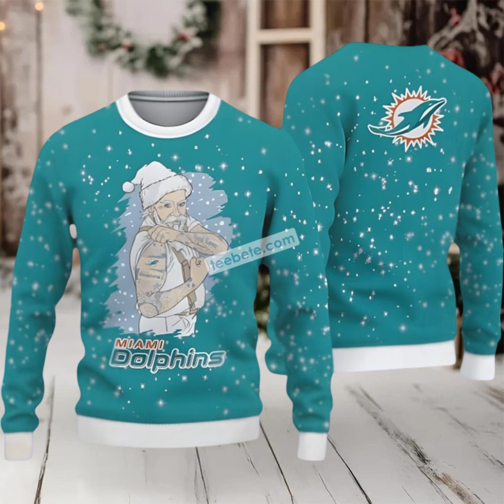 Miami Dolphins Santa Claus Tattoo Ugly Christmas Sweatshirt Womens Blue