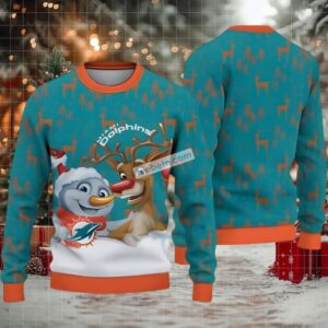 Miami Dolphins Snowman Reindeer Ugly Holiday Sweater Orange Blue