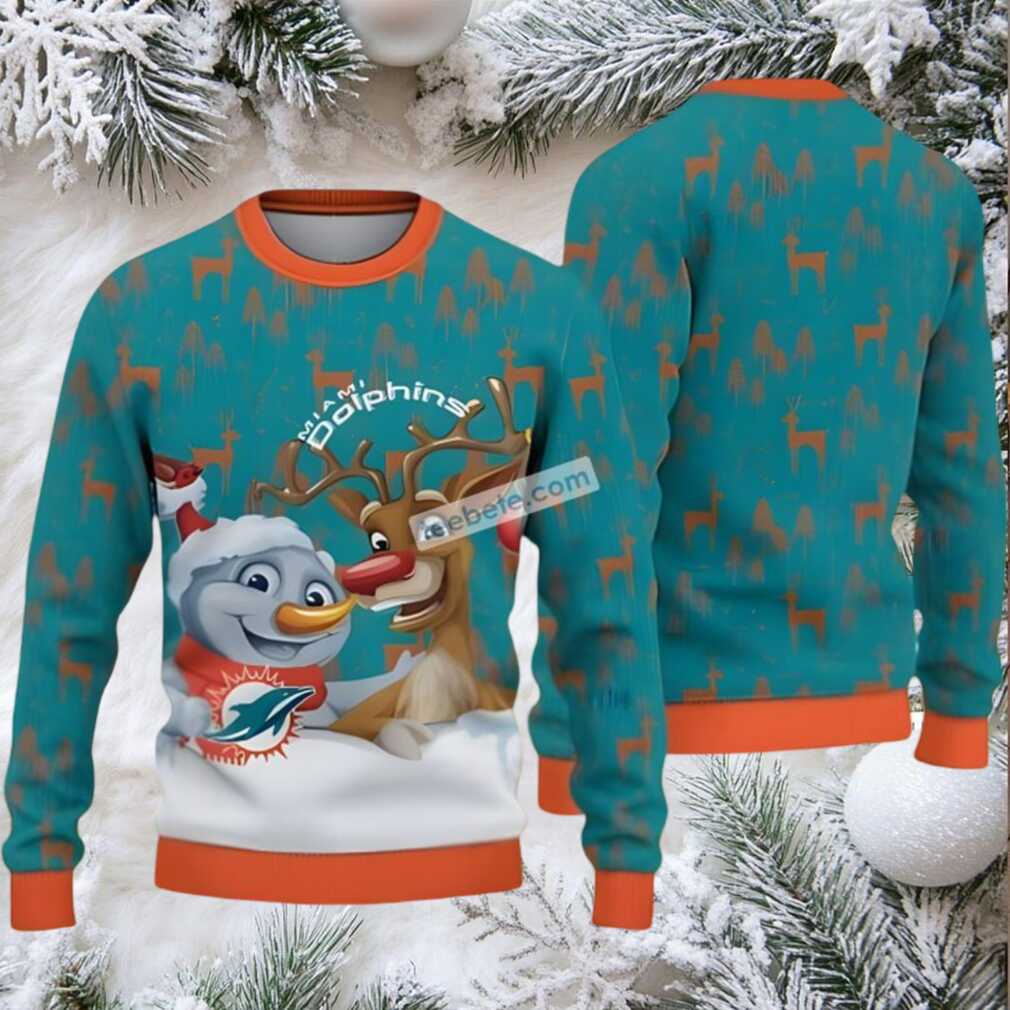 Miami Dolphins Snowman Reindeer Ugly Holiday Sweater Orange Blue Miami Dolphins Snowman Reindeer Ugly Holiday Sweater Orange Blue
