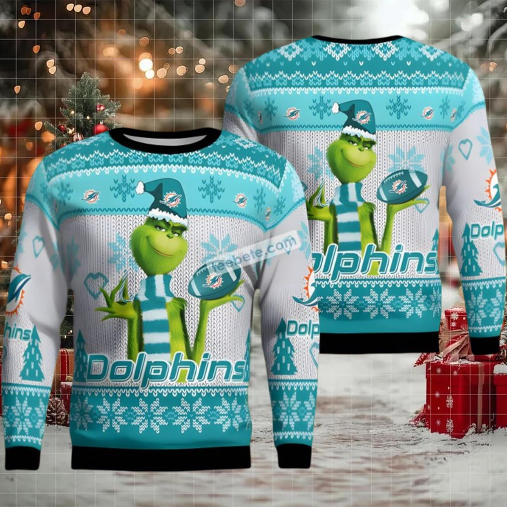 Miami Dolphins The Grinch Ugly Christmas Sweater Womens White Blue Miami Dolphins The Grinch Ugly Christmas Sweater Womens White Blue
