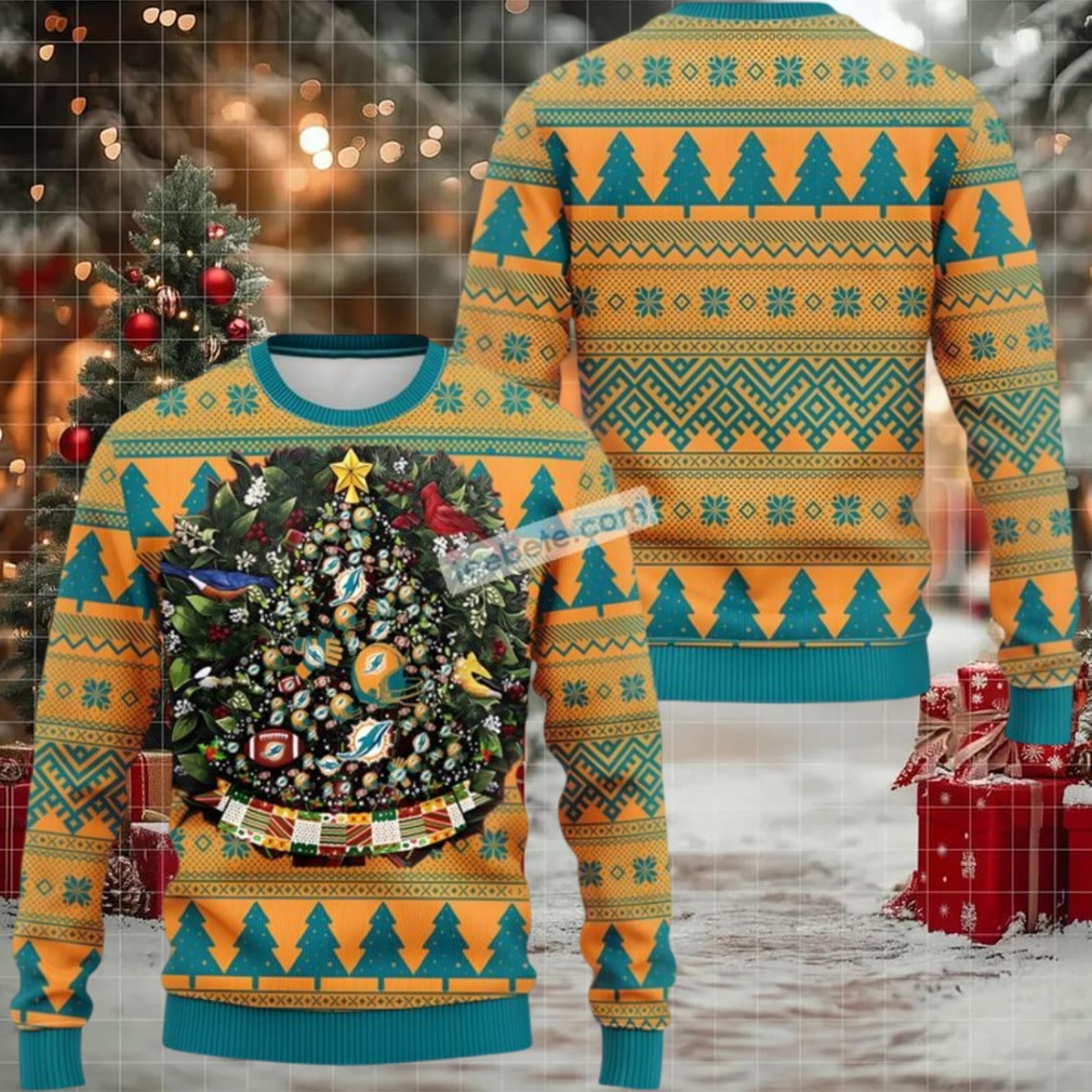 Miami Dolphins Tree Ball Cute Ugly Christmas Sweater Yellow Blue