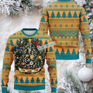 Miami Dolphins Tree Ball Cute Ugly Christmas Sweater Yellow Blue