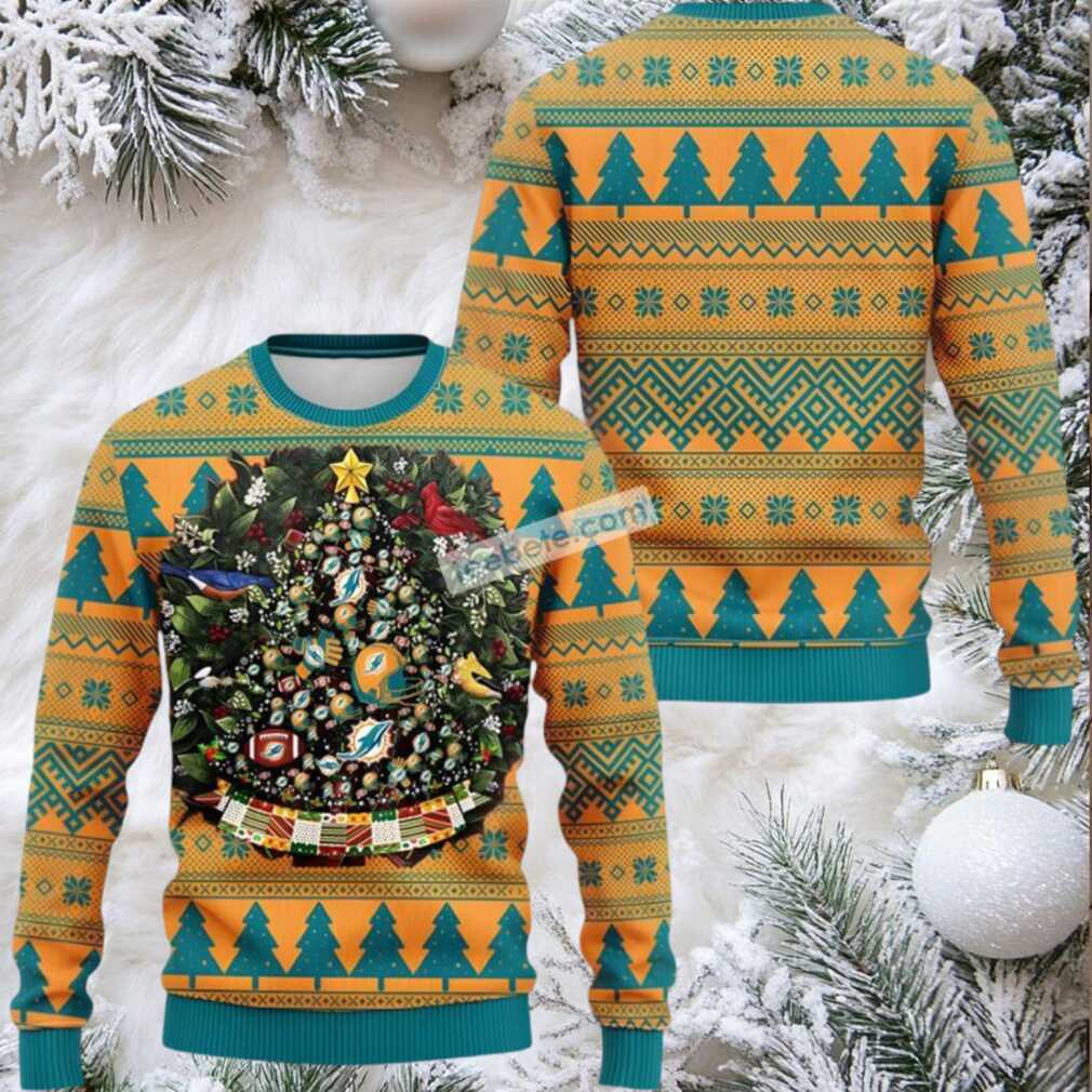 Miami Dolphins Tree Ball Cute Ugly Christmas Sweater Yellow Blue Miami Dolphins Tree Ball Cute Ugly Christmas Sweater Yellow Blue