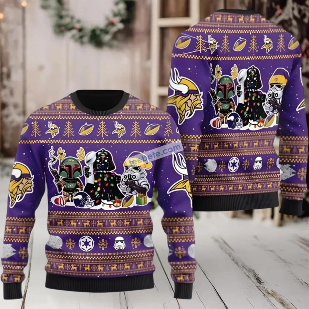 Minnesota Vikings Boba Fett Darth Vader Stormtroopers Ugly Christmas Sweaters Purple