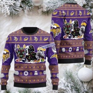Minnesota Vikings Boba Fett Darth Vader Stormtroopers Ugly Christmas Sweaters Purple