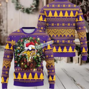 Minnesota Vikings Christmas Wreath Ugly Christmas Sweater Purple Most