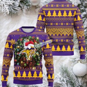 Minnesota Vikings Christmas Wreath Ugly Christmas Sweater Purple Most
