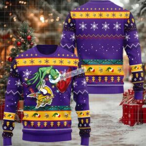 Minnesota Vikings Grinch Hand Ugly Sweater Purple Christmas Party Minnesota Vikings Grinch Hand Ugly Sweater Purple Christmas Party