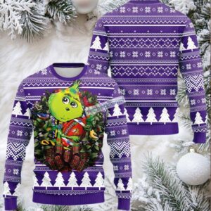 Minnesota Vikings Grinch Hug Cute Ugly Christmas Sweater White Purple