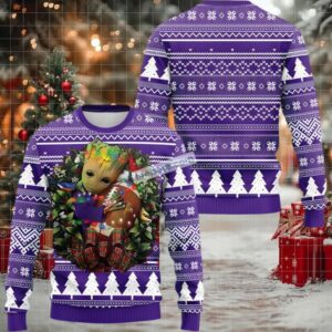 Minnesota Vikings Groot Hug Ugly Christmas Sweater Purple White Most