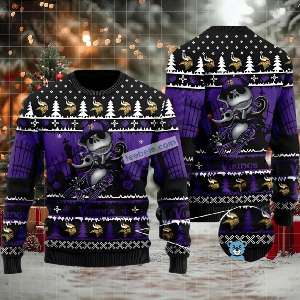 Minnesota Vikings Jack Skellington Zero Halloween Ugly Christmas Sweater Purple