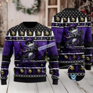 Minnesota Vikings Jack Skellington Zero Halloween Ugly Christmas Sweater Purple