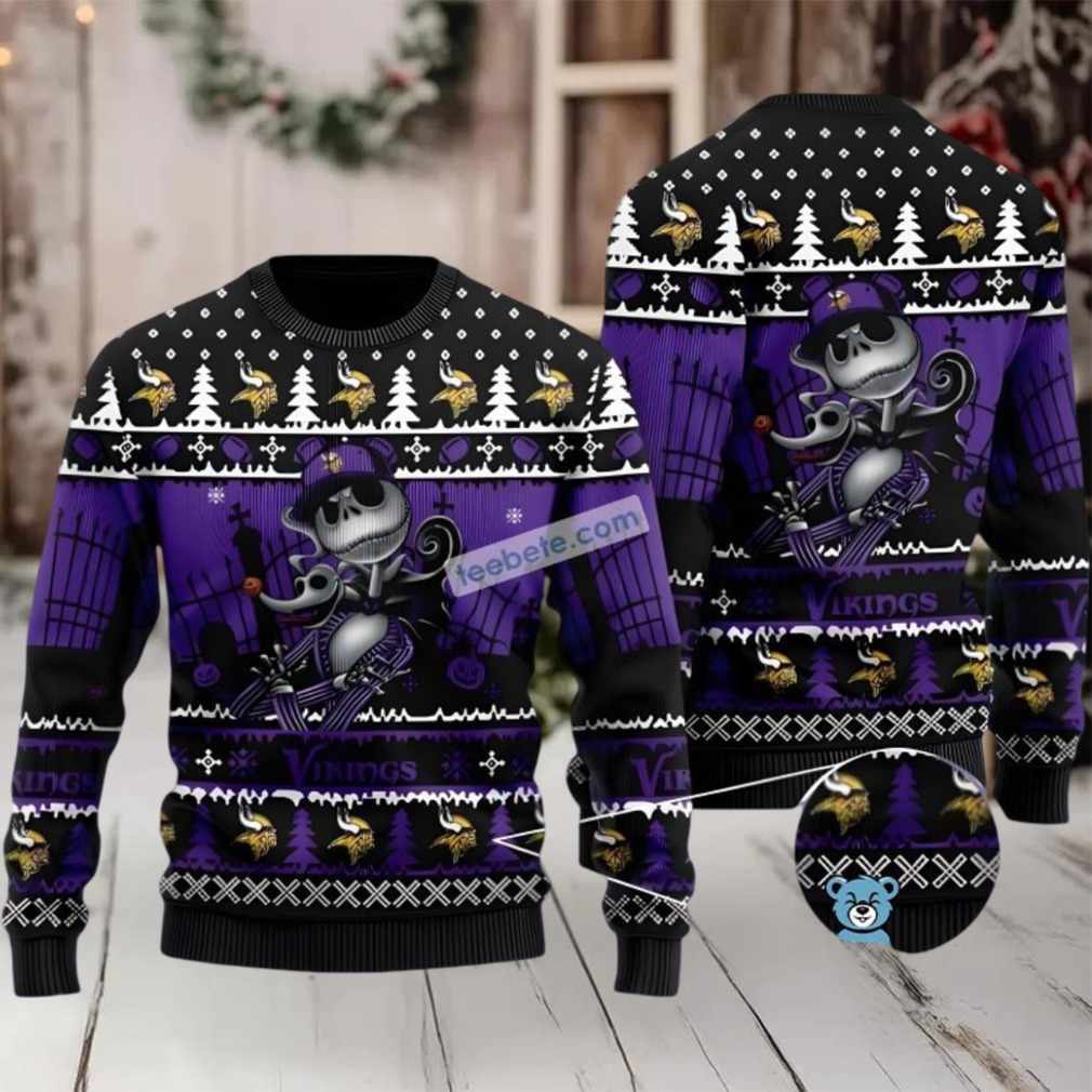 Minnesota Vikings Jack Skellington Zero Halloween Ugly Christmas Sweater Purple