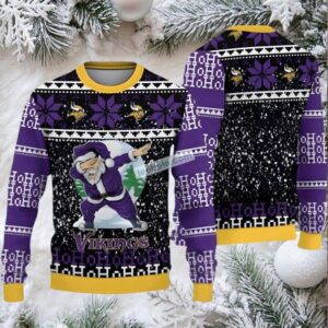 Minnesota Vikings Santa Claus Ho Ho Ho Ugly Christmas Sweater Purple Black Most