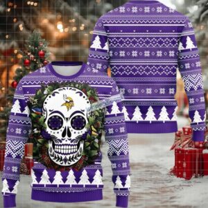 Minnesota Vikings Skull Flower Ugly Christmas Sweaters Purple White Family