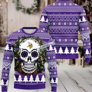 Minnesota Vikings Skull Flower Ugly Christmas Sweaters Purple White Family