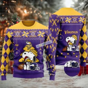 Minnesota Vikings Snoopy Woodstock Ugly Sweater Purple Yellow Naughty