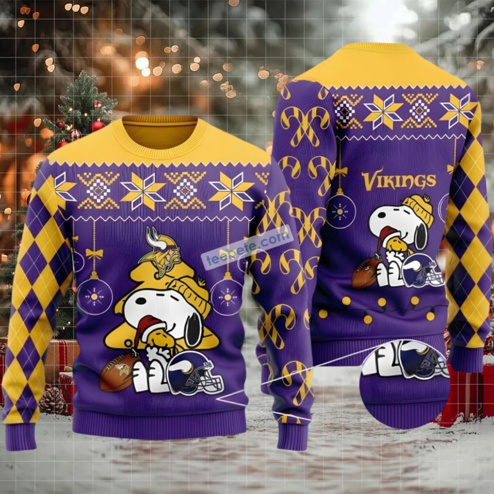 Minnesota Vikings Snoopy Woodstock Ugly Sweater Purple Yellow Naughty