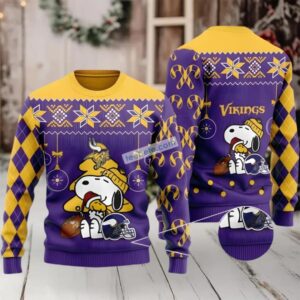 Minnesota Vikings Snoopy Woodstock Ugly Sweater Purple Yellow Naughty