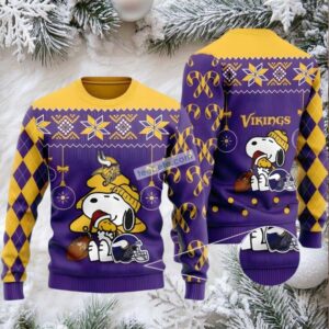 Minnesota Vikings Snoopy Woodstock Ugly Sweater Purple Yellow Naughty